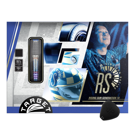 Auf dem Bild sind die Target Japan Rising Sun GEN10 Swiss Point Steeldarts abgebildet. Die Darts liegen nebeneinander auf einer dunklen Oberfläche.