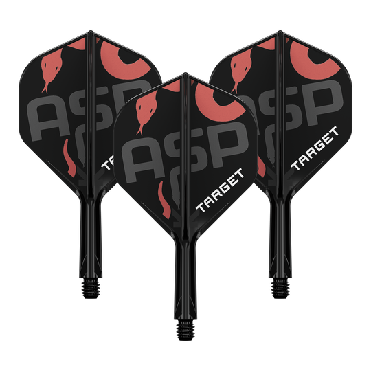 Target K-Flex Nathan Aspinall No2 Standard Flight Shaft System Auf dem Bild sind drei schwarze Dartflights mit Schäften zu sehen. Die Flights tragen die Aufschrift "ASP" und "TARGET" sowie ein rotes Schlangenmotiv.