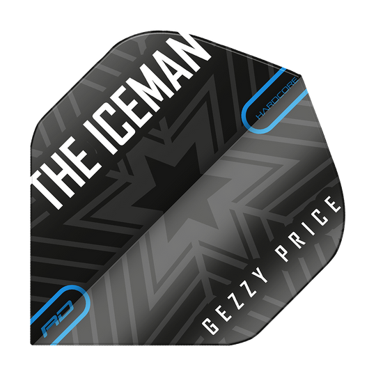 TF6479_Red_Dragon_Gerwyn_Price_Black_Grey_Snowflake_Logo_Standard_Flights_1 Das Bild zeigt ein Dartflight in Schwarz und Grau mit Schneeflocken-Design. Auf dem Flight stehen die Wörter "THE ICEMAN" und "GEZZY PRICE".