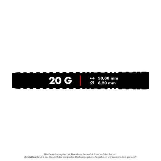 Red Dragon Peter Wright Copper Fusion Soft Darts - 20g Das Bild zeigt die Produktbeschreibung für "Red Dragon Peter Wright Copper Fusion Softdarts - 20g". Die Abmessungen des Darts sind 50,80 mm Länge und 6,20 mm Durchmesser.