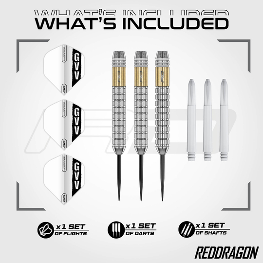 Red Dragon Gian Van Veen Brass Steeldarts - 21 g Hier sieht man die Red Dragon Gian Van Veen Brass Steeldarts - 21 g. Die Darts bestehen aus Messing und sind 21 g schwer.