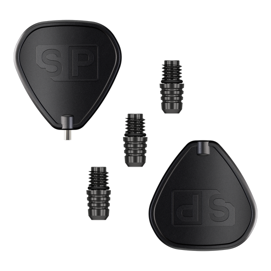 Target Swiss Point 2BA Converter - Black Das Bild zeigt den Target Swiss Point 2BA Converter in Schwarz. Es sind zwei schwarze Adapter und drei kleine Verbindungsteile abgebildet.