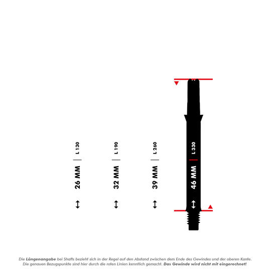 L-L-Style-Shafts Silent Straight - Black Das Bild zeigt vier unterschiedlich lange Dartschäfte mit Längenangaben in Millimetern (26 mm, 32 mm, 39 mm und 46 mm). Die Messpunkte für die Längen sind durch rote Linien markiert, und das Gewinde wird bei der Längenermittlung nicht mit einberechnet.