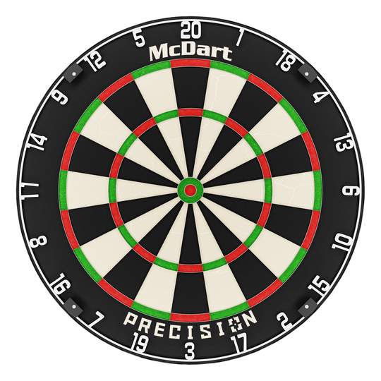 McDart Precision steel dartboard McDart Precision Steeldartboard ist auf dem Bild zentral dargestellt. Die Dartsegmente sind schwarz und weiß.