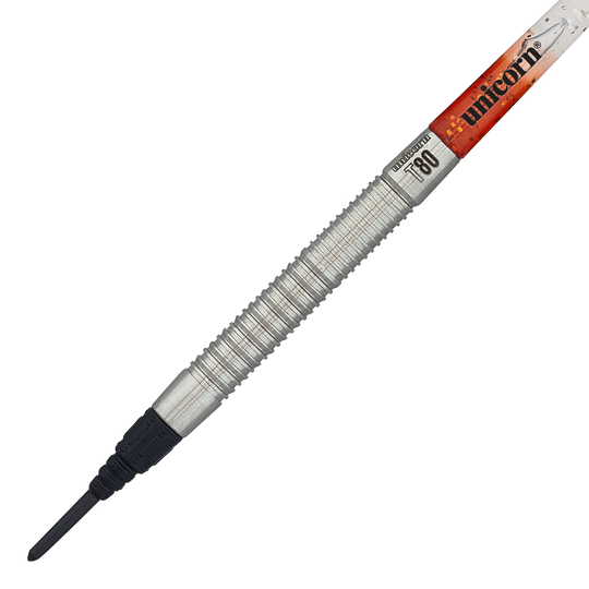 Unicorn Core XL Striker Style 1 Soft Darts - 19g Das Bild zeigt einen Unicorn Core XL Striker Style 1 Softdart mit 19 Gramm Gewicht. Der Dart hat einen silbernen, geriffelten Griff und eine schwarze Softspitze.