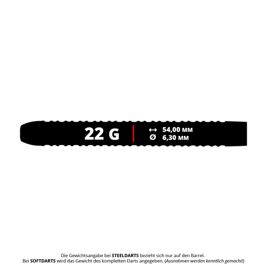 Das Bild zeigt die McDart Black Ring 2 Steeldart-Barrels mit einem Gewicht von 22g. Es handelt sich um schwarze Dart-Barrels für Steeldartspiele.