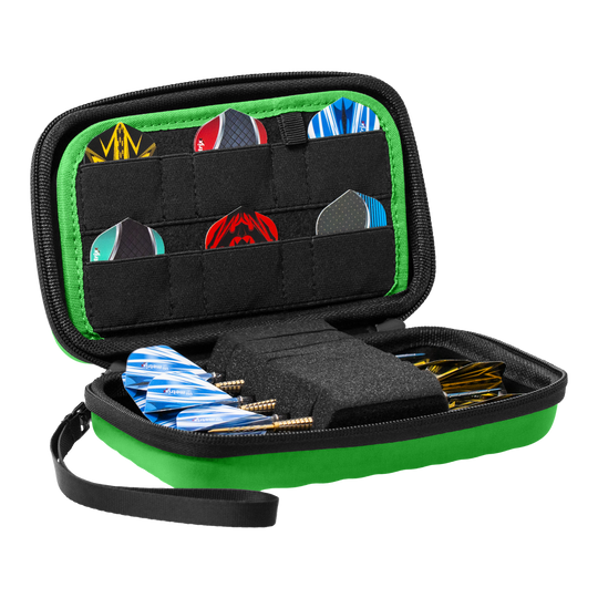 Bulls Orbis XL Dartcase - Green Das Bulls Orbis XL Dartcase in Grün ist auf dem Bild zu sehen. Es bietet ausreichend Stauraum für verschiedene Dartteile.