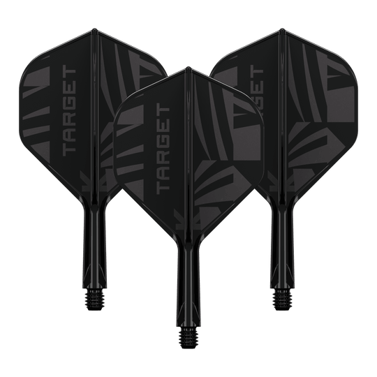 Target K-Flex Black No2 Standard Flights Das Foto zeigt ein Set Target K-Flex Black No2 Standard Flights in 19 mm. Die Flights sind nebeneinander präsentiert.
