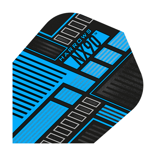 HR48_Harrows_Prime_NX90_Blue_No6_Flights_1TRyAOKqNIP8bj Das Bild zeigt das Produkt "Harrows Prime NX90 Blue Flights". Das Design ist modern mit schwarzen, blauen und silbernen geometrischen Linien und Mustern.