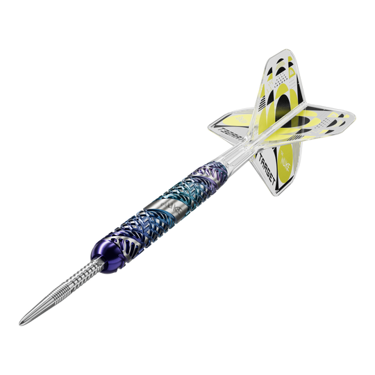 Das Bild zeigt die Target Luke Littler Egde Swiss Point Steeldarts. Die Darts zeichnen sich durch ein filigranes Design und hochwertige Verarbeitung aus.