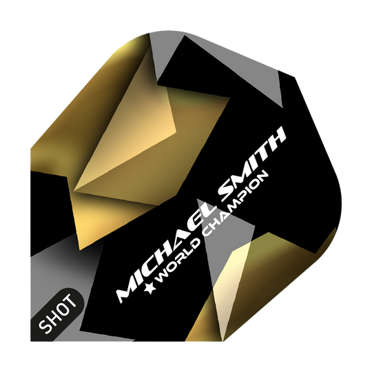 Das Bild zeigt ein Dart-Flight mit dem Namen "Shot Michael Smith Believe No6 Flights". Auf dem Flight sind die Worte "Michael Smith World Champion" sowie ein modernes, gold-schwarzes Design zu sehen.
