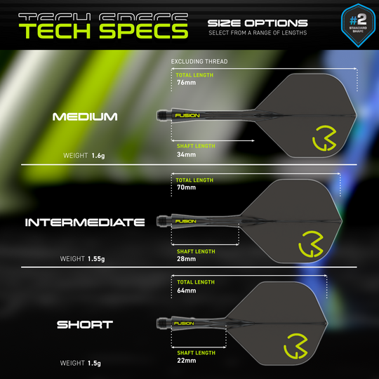 Winmau Fusion Flight Shaft System Michael Van Gerwen Pacman No6 Das Bild zeigt die technischen Spezifikationen des Winmau Fusion Flight-Shaft-Systems Michael Van Gerwen Pacman No2 Standard. Es werden drei Größenoptionen (Medium, Intermediate, Short) mit ihren jeweiligen Längen und Gewichten dargestellt.