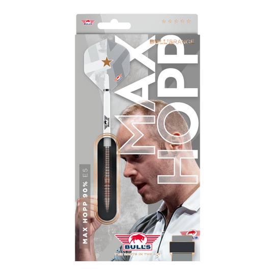 Bulls NL Max Hopp E5 soft darts - 20g Das Bild zeigt die Bulls NL Max Hopp E5 Softdarts in der Version mit 20 Gramm. Die Darts zeichnen sich durch ihre hochwertige Verarbeitung aus.