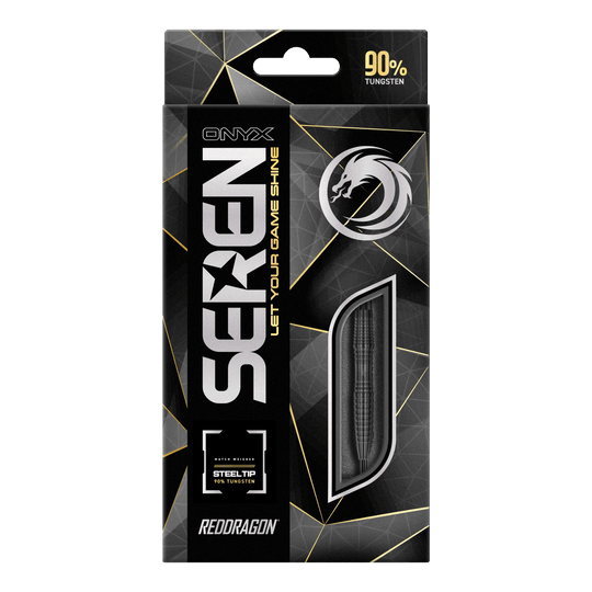 Red Dragon Seren 3 Onyx Steeldarts Die Abbildung zeigt die Verpackung der "Red Dragon Seren 3 Onyx Steeldarts". Auf der Schachtel steht, dass die Darts aus 90% Tungsten bestehen.