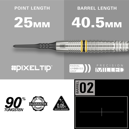 Target Scott Williams GEN2 soft darts - 18g Das Bild zeigt die Target Scott Williams GEN2 Softdarts mit einer Spitzenlänge von 25 mm und einer Barrel-Länge von 40,5 mm. Der Dart besteht zu 90 % aus Tungsten und verfügt über eine präzise gefräste, radial gerillte Griff-Fläche.