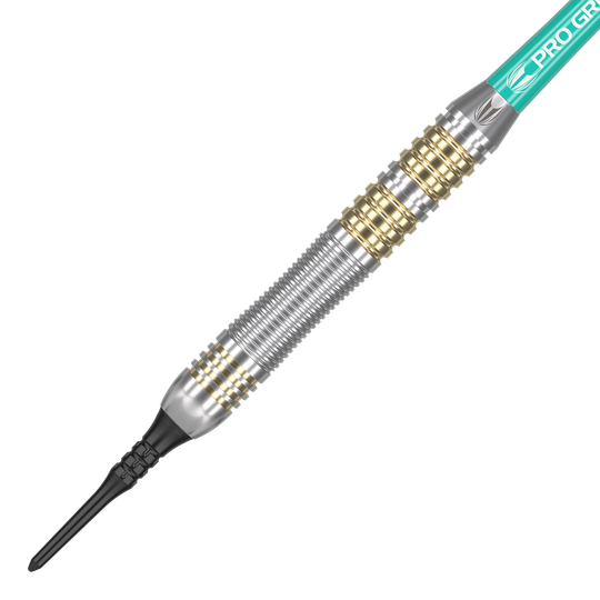 Target Rob Cross Brass Soft Darts - 18g Das Bild zeigt einen Target Rob Cross Brass Softdart mit einem Gewicht von 18 Gramm. Der Dartpfeil hat ein silbernes und goldenes Rillen-Design sowie eine schwarze Kunststoffspitze.