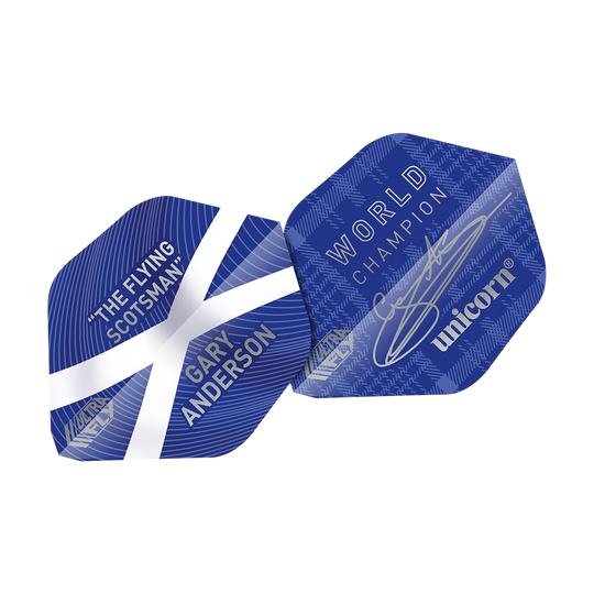 UN18_69040_Unicorn_UltraFly75_Gary_Anderson_World_Champion_AR1_Flights_2 Das Bild zeigt die blauen Dart-Flights "Unicorn Ultra Fly 75 Gary Anderson World Champion AR1". Auf den Flights stehen die Aufschriften "THE FLYING SCOTSMAN", "GARY ANDERSON" und "WORLD CHAMPION" sowie das Unicorn-Logo.