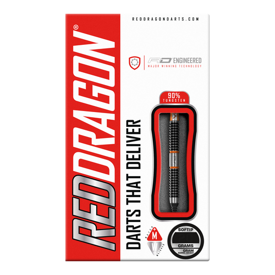 Red Dragon Amberjack 18 soft darts - 20g Auf dem Bild ist die Verpackung der "Red Dragon Amberjack 18 Softdarts - 20g" zu sehen. Die Verpackung ist überwiegend rot und weiß und zeigt einen Softdart mit 90% Tungsten.