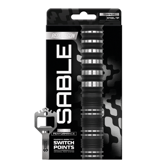 Red Dragon Sable Torpedo Switch Point Steel Darts Hier sieht man die Red Dragon Sable Torpedo Switch Point Steeldarts einzeln dargestellt. Die Oberfläche und das Material der Darts sind gut zu erkennen.