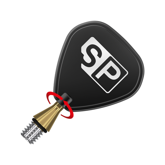 380166_Target_Titanium_Swiss_Point_Nano_Conversion_Points_Gold_3 Das Bild zeigt die Target Swiss Point Nano Conversion Points in Goldfarbe. Im Vordergrund ist die goldene Spitze mit einem schwarzen Flight und dem weißen "SP"-Logo zu sehen.