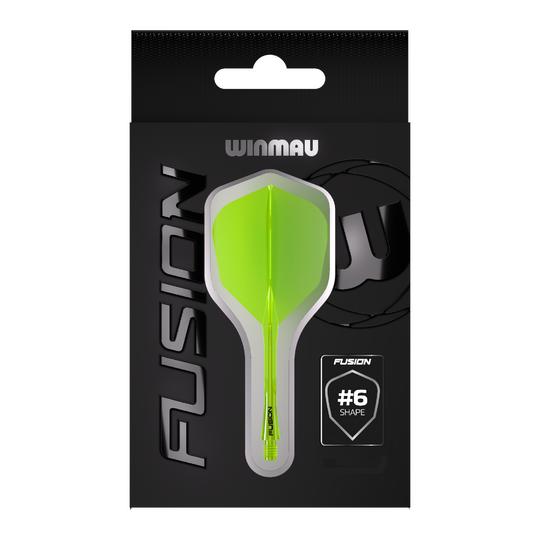 Winmau Fusion Flight Shaft System No6 Neon Yellow Auf dem Bild ist eine Packung Winmau Fusion Flight Shaft System in Neon-Gelb zu sehen. In der Mitte der Verpackung befindet sich ein Flightsystem in Form #6.