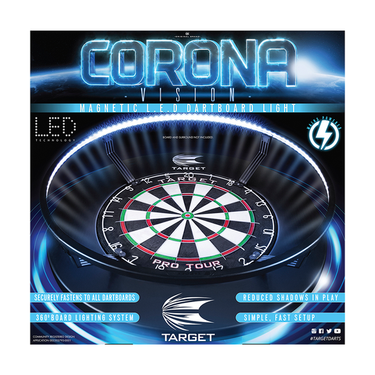 Target CORONA Vision LED Dartboard Lighting System Das Bild zeigt das Produkt „Target CORONA Vision LED Dartboard Lighting System“, das einen Dartboard-Beleuchtungsring darstellt. Es hebt die LED-Technologie und eine gleichmäßige Ausleuchtung für weniger Schatten beim Dartspielen hervor.