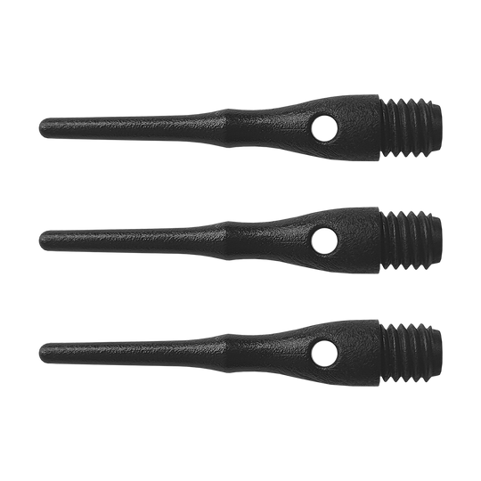 897_Premium_Home_Points_100erPack_1 Das Bild zeigt drei schwarze Premium Home Points mit Schraubgewinde. Sie sind in einer Reihe angeordnet und dienen als Ersatzspitzen für Softdarts.