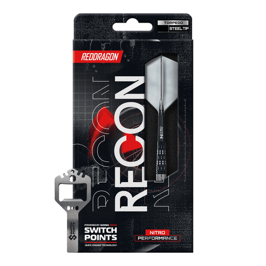 Red Dragon Recon Torpedo Steel Darts Auf dem Bild sind die Red Dragon Recon Torpedo Steeldarts - 23g zu erkennen. Die Steeldarts liegen parallel zueinander.