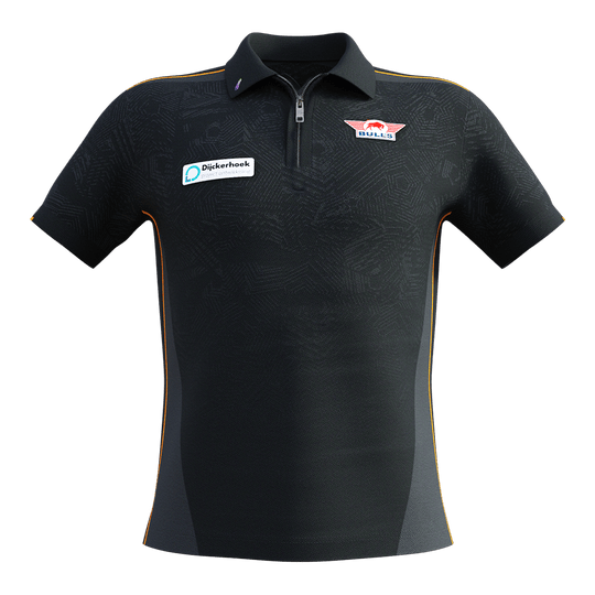 Das Bild zeigt ein schwarzes Matchshirt mit kurzen Ärmeln und orangefarbenen Akzenten. Auf der Brust sind das Bulls NL Logo und ein Sponsorenaufnäher zu sehen.