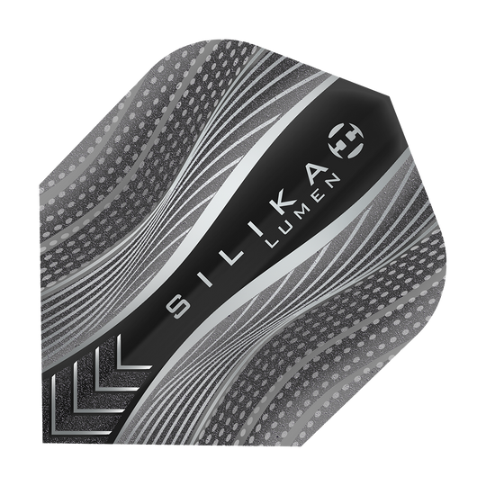 HF5127_Harrows_Silika_Lumen_Black_No6_Flights_1CwrZbkDmIpoit Das Bild zeigt das Produkt "Harrows Silika Lumen Black No6 Flights". Das Flight hat ein modernes, schwarz-graues Design mit dynamischen Linien und Punkten.