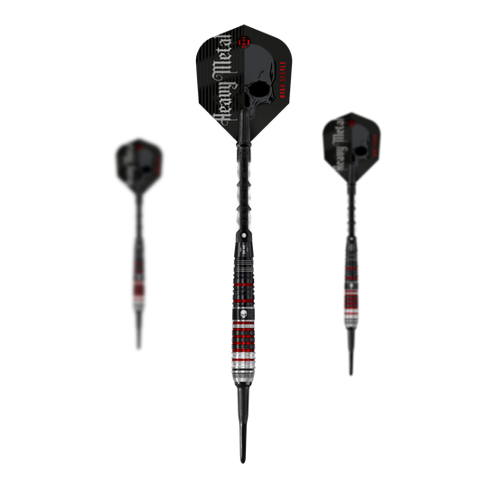 Das Bild zeigt drei Softdarts der Serie "Harrows Ryan Searle Heavy Metal Series 2". Die Darts haben ein schwarzes Design mit roten und silbernen Akzenten sowie einen Schädel auf dem Schaft.