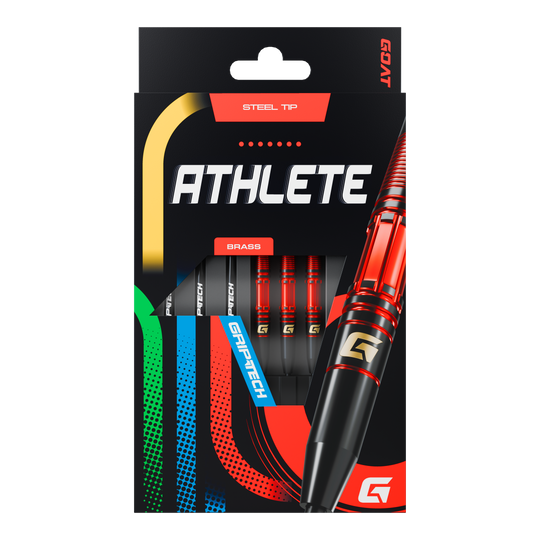 GOAT Athlete Red Brass Steeldarts - 11g Das Bild zeigt die Verpackung der GOAT Athlete Red Brass Steeldarts mit einem Gewicht von 11g. Die Darts haben eine rote und schwarze Farbgebung und verfügen über eine Stahlspitze.