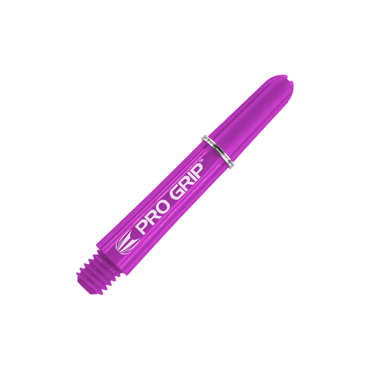Target Pro Grip Shafts - 3 Sets - Purple Dies ist ein lila Dart-Schaft mit der Aufschrift "PRO GRIP". Er hat eine Länge von 34 mm und einen silbernen Ring.