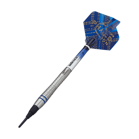 04504_Unicorn_World_Champion_Gary_Anderson_Phase_6_Softdarts_4 Auf dem Bild ist ein Softdartpfeil mit silbernem Schaft und blauer Flight-Spitze zu sehen. Der Flight ist mit gelben Punkten und der Aufschrift "PHASE 6" verziert.