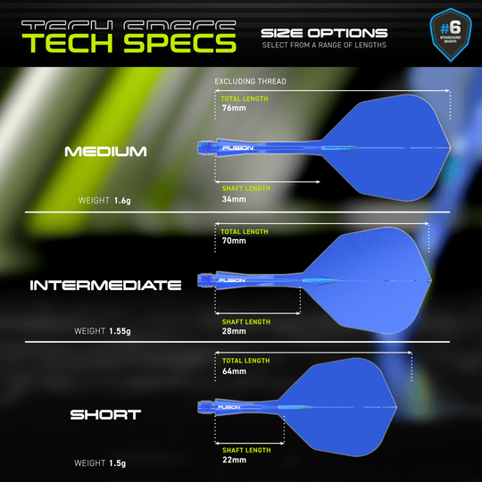Dieses Bild zeigt das Winmau Fusion Flight-Shaft-System No6 in Blau. Es handelt sich um ein hochwertiges Dartzubehör.