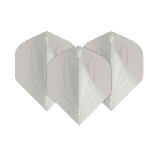 TG416_Target_ProUltra_ID_Grey_No2_Standard_Flights_19hWHhzA2IPzxE Das Bild zeigt drei graue Dartflights des Modells "Target ProUltra ID Grey No2 Standard Flights". Die Flights haben ein modernes, dezentes Design mit weißen Akzenten und dem "Pro Ultra"-Schriftzug.