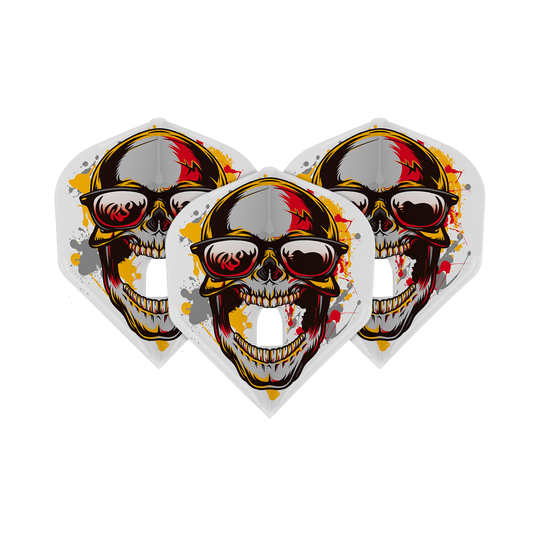 L-Style Marijanovic V1 L1PRO Standard Flights Das Bild zeigt drei L-Style Marijanovic V1 L1PRO Standard Flights. Auf jedem Flight ist ein auffälliger Totenkopf mit Sonnenbrille und bunten Farbeffekten abgebildet.