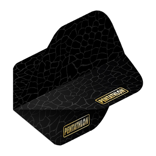 Das Bild zeigt das Produkt "Pentathlon RT Scales No2 Standard Flights". Die Flights sind schwarz mit einem dezenten Muster und dem goldenen "Pentathlon"-Logo.