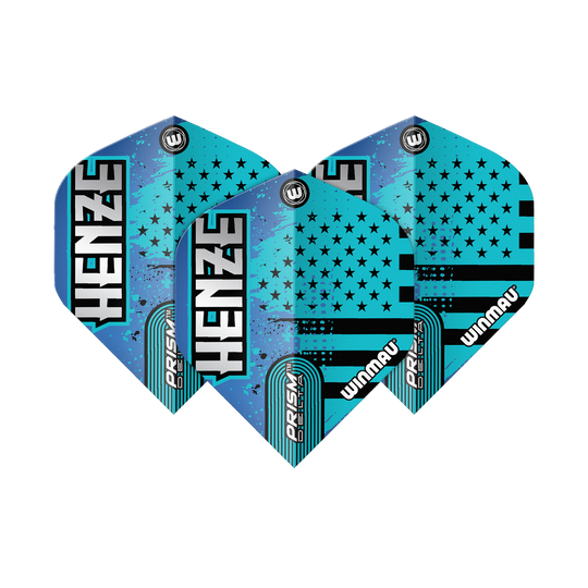 Winmau Prism Delta Rick Henze Standard Flights Das Bild zeigt drei Winmau Prism Delta Rick Henze Standard Flights für Darts. Die Flights sind in Blau- und Schwarztönen gestaltet und mit dem Namen "Henze" sowie Sternenmotiven bedruckt.