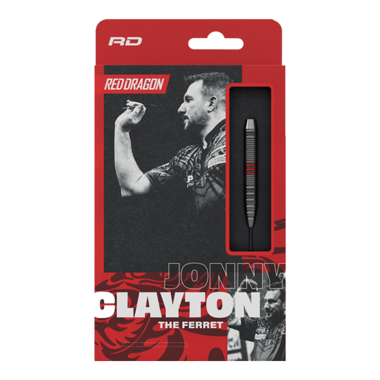 Red Dragon Jonny Clayton Core Brass Steeldarts - 21g Zu sehen sind die Red Dragon Jonny Clayton Core Brass Steeldarts mit einem Gewicht von 21g. Die Darts haben einen silbernen und goldenen Schaft mit roten und schwarzen Flights.