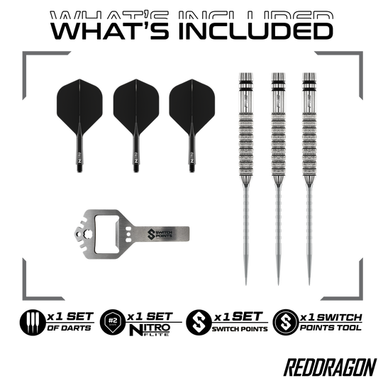 Gezeigt werden die Red Dragon Gian Van Veen Tour Edition Switch Point Steeldarts - 21g. Das moderne Design unterstützt ein präzises Spiel.