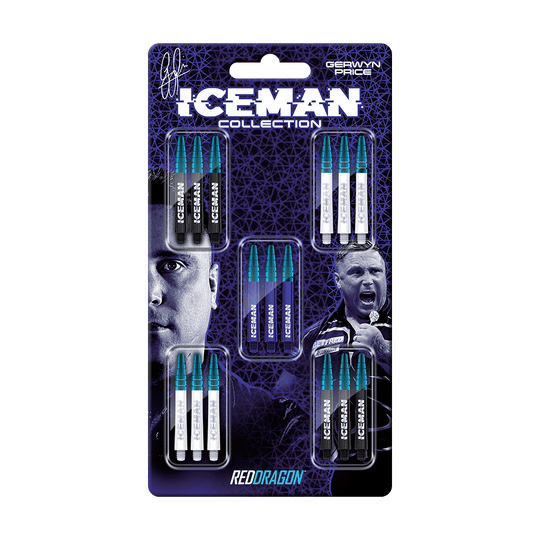 X0793_Red_Dragon_Gerwyn_Price_Iceman_Shaft_Collection_Medium_1 Das Bild zeigt das Produkt "Red Dragon Gerwyn Price Iceman Shaft Collection Medium" in seiner Verpackung. Die Verpackung enthält mehrere Sets von Dartshafts in verschiedenen Farben und trägt das Bild sowie den Namen von Gerwyn Price.