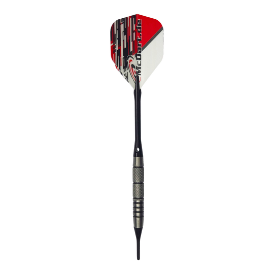 McDart 85 Tungsten V9 soft darts - 17.5g Das Bild zeigt einen McDart 85er Tungsten V9 Softdart mit einem Gewicht von 17,5g. Der Dart hat eine schwarz-silberne Spitze und Schaft sowie ein Flight in Rot, Weiß und Schwarz mit der Aufschrift "McDart.de".