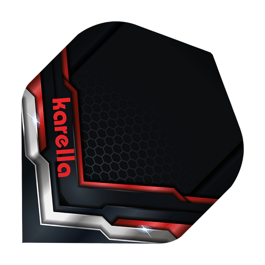 8032-15_Karella_XT-8_Standard_Flights_1 Das Bild zeigt das Produkt "Karella XT-8 No2 Standard Flights". Es hat ein dunkel gehaltenes Design mit roten und silbernen Akzenten und dem Schriftzug "karella" an der Seite.