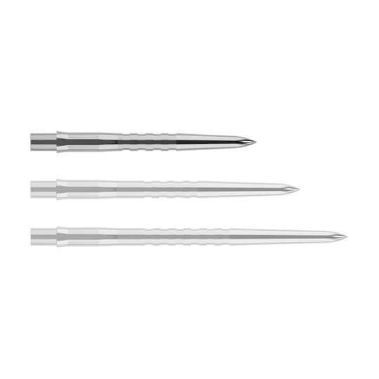 Mission Caliburn EVO Dart Tips - Grooved - Silver Das Bild zeigt drei silberne, gerillte Spitzen für Steeldarts in unterschiedlichen Längen. Sie sind nebeneinander auf einem weißen Hintergrund angeordnet.