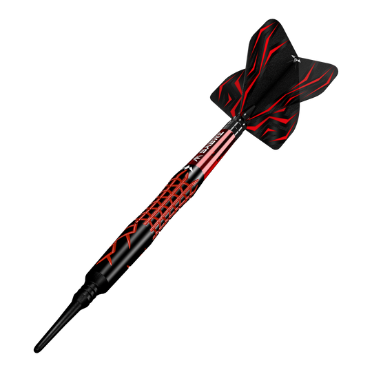 Mission Lava Softdarts - 20g Das Bild zeigt einen Mission Lava Softdart mit einem Gewicht von 20 Gramm. Der Dart ist in Schwarz und Rot gestaltet und hat ein modernes, auffälliges Design.