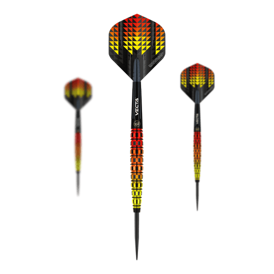 Die Abbildung zeigt die Winmau Firestorm Flame Tapered Steeldarts. Die Darts haben ein auffälliges Design in den Farben Gelb, Rot und Schwarz mit einem modernen, geometrischen Muster.
