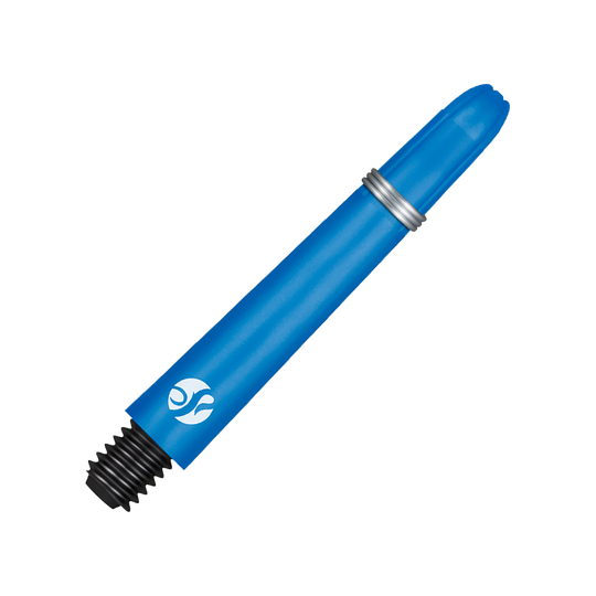 Shot Koi Carbon Shafts - Blue Das Bild zeigt einen blauen Carbon-Schaft mit einem silbernen Ring und schwarzem Gewinde. Es handelt sich um ein Zubehörteil für Darts.