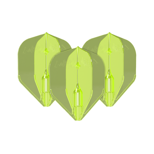 L-Style Fantom L3EZ Flights Neon Yellow Das Bild zeigt drei neongelbe L-Style Fantom L3EZ Flights für Dartpfeile. Sie sind aus Kunststoff und haben eine glänzende, transparente Oberfläche.