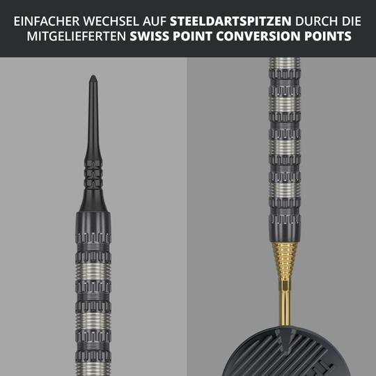 Target Rob Cross 95K Swiss Point Soft Darts - 18g Das Bild zeigt den Target Rob Cross 95K Swiss Point Softdart mit 18g Gewicht. Es wird darauf hingewiesen, dass ein einfacher Wechsel auf Steeldartspitzen durch die mitgelieferten Swiss Point Conversion Points möglich ist.
